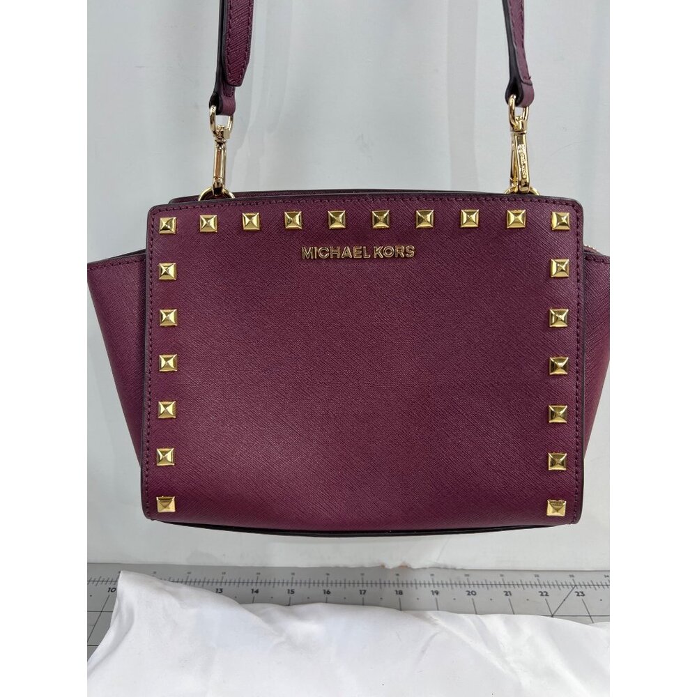 Michael Kors Selma Studded Saffiano Leather Messenger Crossbody Bag Merlot Plum